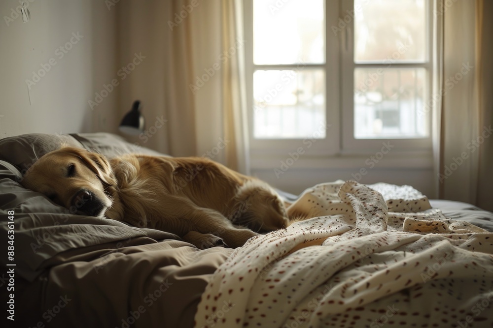 Poster a dog lying down on a bed near a window with sunlight shining through
