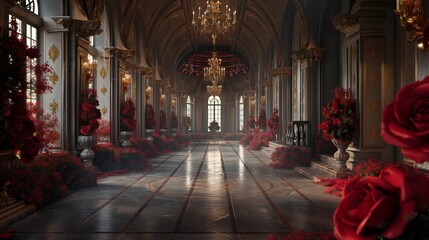 Elegant Grand Hall Adorned with Red Roses and Majestic Chandeliers