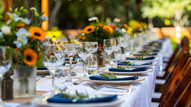 An elegant outdoor dining table beautifully arranged with flowers and glassware, set for a formal event in a garden ambiance, showcasing sophistication and nature's beauty.