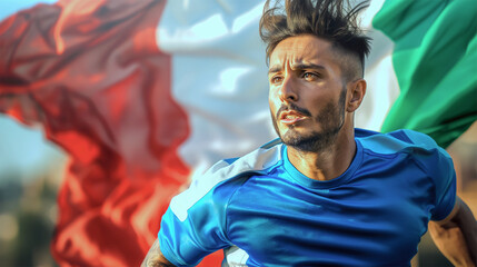 Fototapeta premium Focused Male Runner in Blue Shirt with Italian Flag in Background 