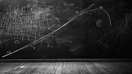 A large chalkboard filled with various complex mathematical equations and statistical graphs, showcasing an intense and intricate academic or scientific environment.