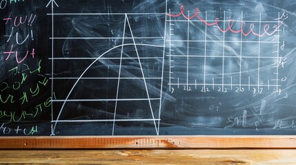 A chalkboard featuring colorful mathematical graphs and diagrams, illustrating multiple mathematical concepts and creating a vivid, educational atmosphere.