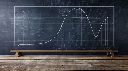 A detailed mathematical graph is drawn on a large chalkboard, depicting a complex equation with curves and lines, signifying deep analysis and educational focus in the room.