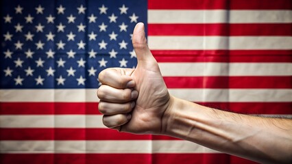 A hand showing a thumbs up in approval against the backdrop of the US flag symbolizes support and patriotism, ideal for promotional and political content.