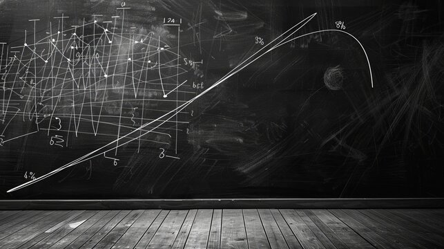 A large chalkboard filled with various complex mathematical equations and statistical graphs, showcasing an intense and intricate academic or scientific environment.