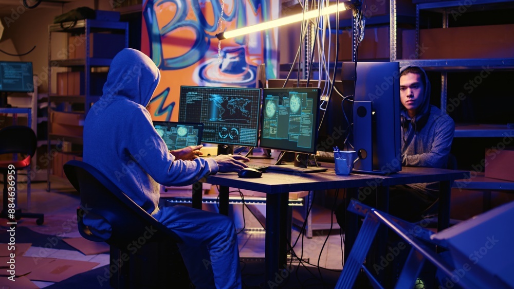 Aufkleber rogue computer scientist arriving with laptop in underground warehouse, starting work on malware tha