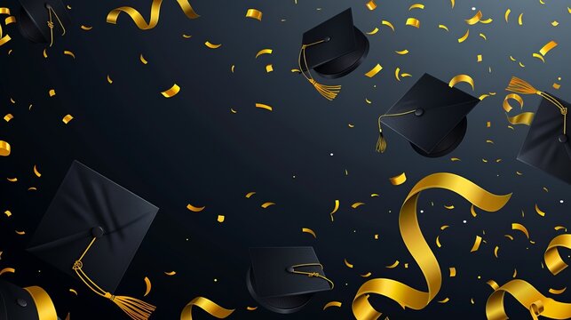 A stylish image of black graduation caps adorned with gold ribbons floating in mid-air against a sleek black backdrop, emblematic of success and ceremonial completion.