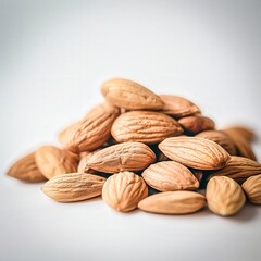 A pile of almonds on a white background