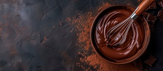 A bowl of chocolate sauce is sitting on a counter with a wooden spoon in it