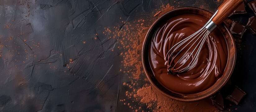 A bowl of chocolate sauce is sitting on a counter with a wooden spoon in it