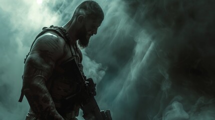Fototapeta premium Armed Soldier in Tactical Gear with Smoky Background