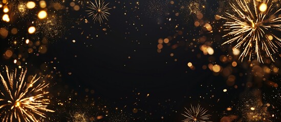 Frame made from golden sparks and firecrackers on black background with copy space. Festive fireworks for celebration Christmas, birthday, event, holiday. Backdrop for design greeting card or banner