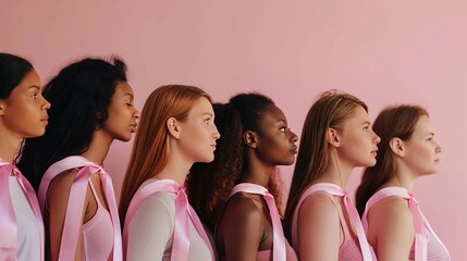 Line of five women wearing pink tops and ribbons, standing side by side against a pink background, symbolizing unity and support in health awareness.