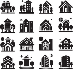 Fototapeta premium set of home and building icon black filled, home logo style, real estate logo, towers icon pack, vector home, trees, modern, house property