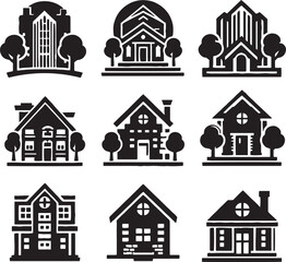 set of home and building icon black filled, home logo style, real estate logo, towers icon pack, vector home, trees, modern, house property