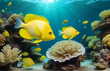 Tropical ocean underwater world with its exotic fishes and corral reefs. Created by Artist Nadia Russ.