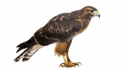 Obraz premium Red tailed hawk standing still and gazing sideways against a white backdrop