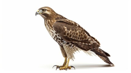 Fototapeta premium Majestic common buzzard in elegant pose, gazing to the right, with sharp beak, piercing eyes, and powerful talons. Brown and yellow feathers on a white background
