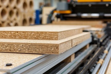 Stacked particleboard sheets in a carpentry workshop with machinery in the background