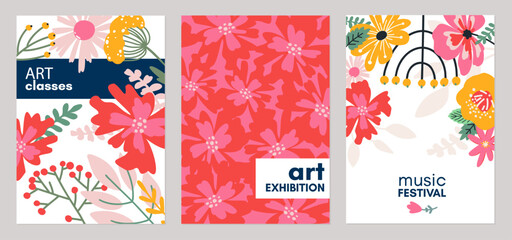 Floral abstract cards. Botanical composition. Modern trendy minimal style. Floral poster, invite. Vector arrangements for greeting card © annakonchits