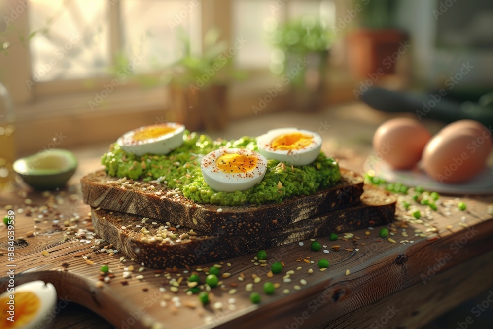 Poster A simple breakfast setup featuring a wooden cutting board topped with a slice of bread and scrambled eggs