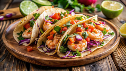 Vibrant, colorful shrimp tacos filled with succulent shrimp, crunchy coleslaw, and tangy salsa, garnished with cilantro and lime wedges, on a rustic wooden table.