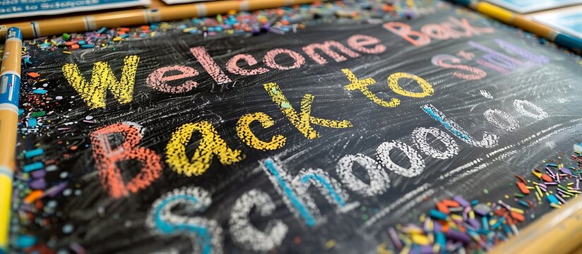 Close-up of a chalkboard with "Welcome Back to School" written in colorful chalk, surrounded by educational posters.