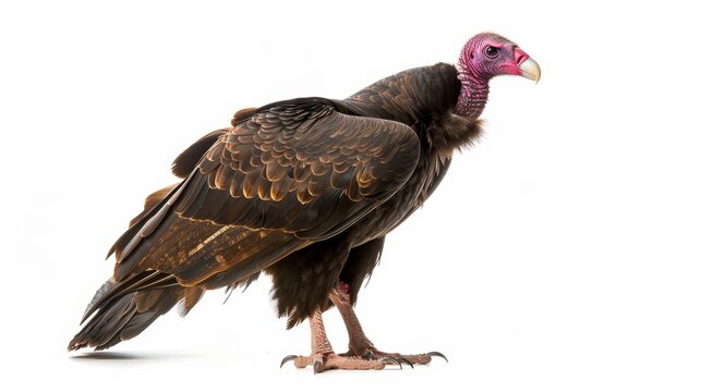 Alert turkey vulture with dark feathers standing and looking to the right
