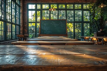 Empty classroom with rows of wooden desks and a green chalkboard in the background, sunlight streaming through large windows, creating a serene atmosphere.