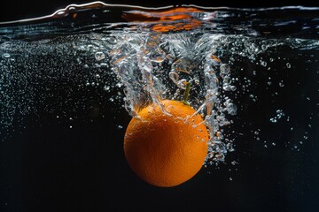 Fresh Temple Orange falling into the water with a splash on a black background