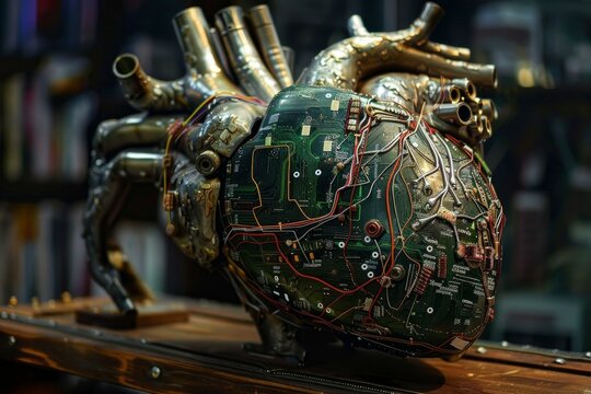 Cuttingedge futuristic cybernetic heart model with advanced technology. Electronic circuitry. And metal pipes, a conceptual. Robotic. And innovative artificial organ incorporating modern innovation