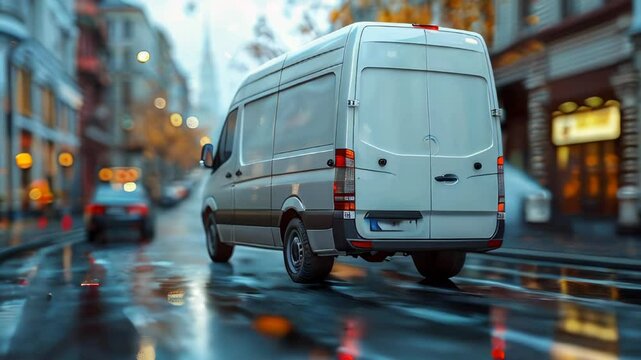 White delivery van on the road in the city