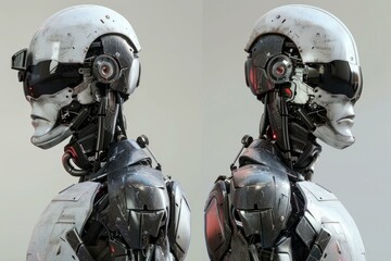 Fototapeta premium Detailed image of a robotic head with complex mechanical design and battle scars