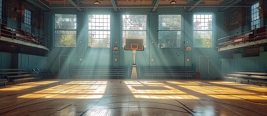 An empty gymnasium with basketball hoops, folded bleachers, and sunlight streaming through windows.
