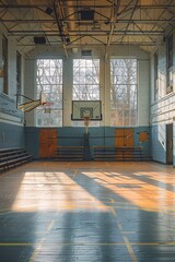 An empty gymnasium with basketball hoops, folded bleachers, and sunlight streaming through windows.