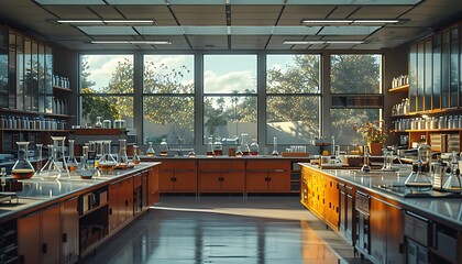 An empty science lab with clean, organized countertops and glass beakers, ready for new experiments.