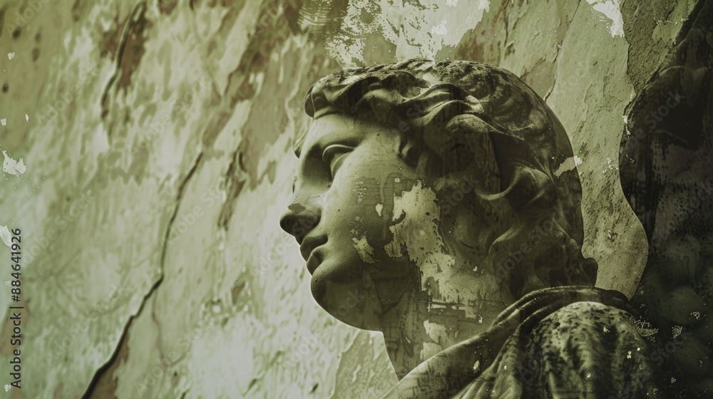 Poster a close-up shot of a statue standing near a wall, providing an intimate view