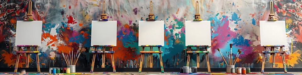 An organized art room with empty easels, paintbrushes, and a colorful paint splatter backdrop.
