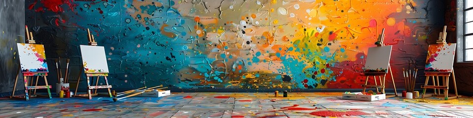 An organized art room with empty easels, paintbrushes, and a colorful paint splatter backdrop.