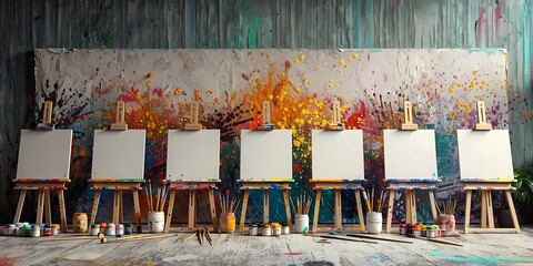 An organized art room with empty easels, paintbrushes, and a colorful paint splatter backdrop.