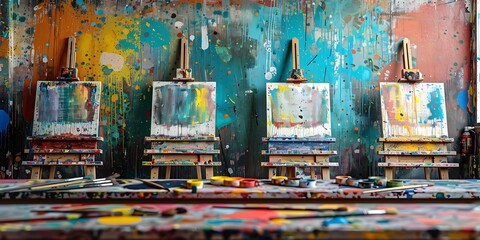 An organized art room with empty easels, paintbrushes, and a colorful paint splatter backdrop.