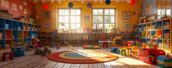 A bright and colorful preschool classroom with toys, books, and a welcoming atmosphere.