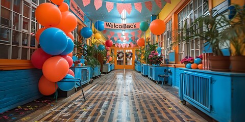 A bright and welcoming school entrance with a "Welcome Back" banner and colorful decorations.