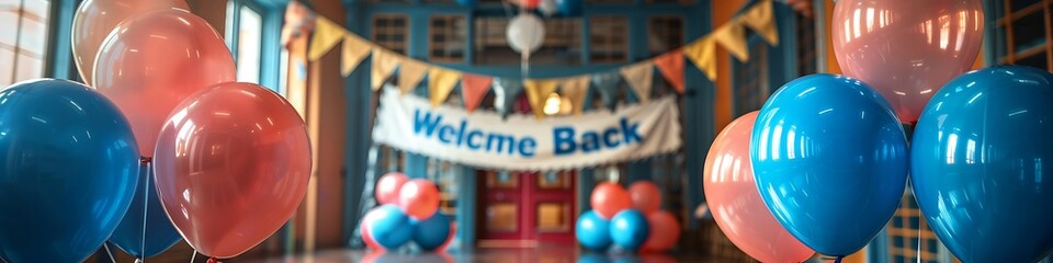 A bright and welcoming school entrance with a "Welcome Back" banner, balloons, and colorful decorations.