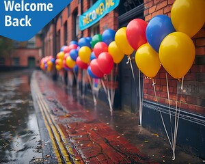 A bright and welcoming school entrance with a "Welcome Back" banner, balloons, and colorful decorations.