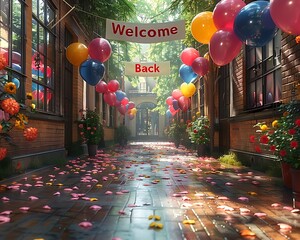 A bright and welcoming school entrance with a "Welcome Back" banner, balloons, and colorful decorations.