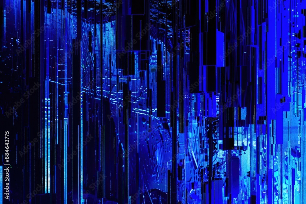 Poster a person standing in front of a large wall of blue lights, possibly at an event or display