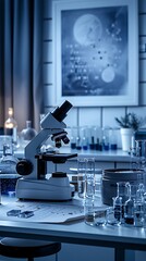 A clean and organized science lab with microscopes, test tubes, and a periodic table poster.