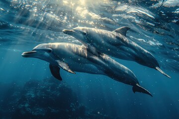 Fototapeta premium Dolphins Swimming in the Ocean, Underwater Photography with Sun Rays Creating Beautiful Light Effects, Peaceful Atmosphere 