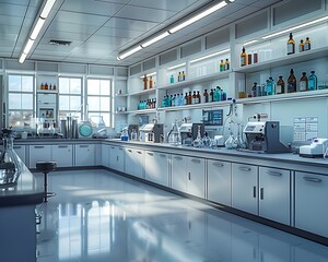 A clean and organized science lab with empty lab stations, glassware, and chemical bottles on shelves.